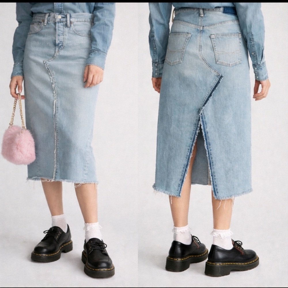 Ralph Lauren polo Y2K Denim Midi w/Slit Skirt Size 33 Button Fly vintage